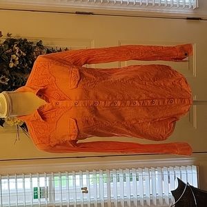 BKE Eased coral long sleeve top lace trim snap front 2 front pockets Med EUC …